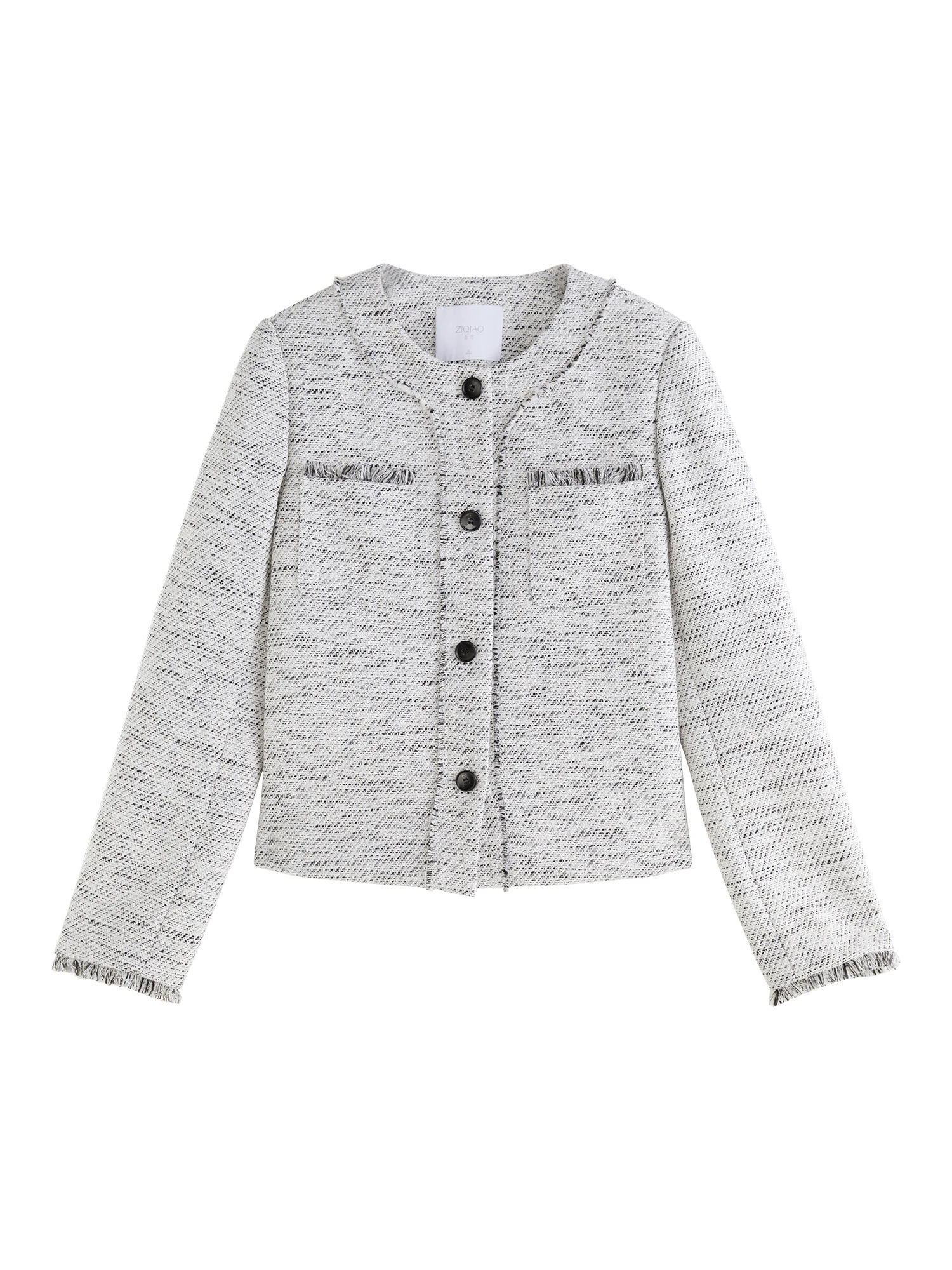 ZIQIAO Women Tweed Jackets Front Shoulder Temperament Short Grey French Style Cotton Coats Office Lady Round Neck Coat 24ZQ94278 250122