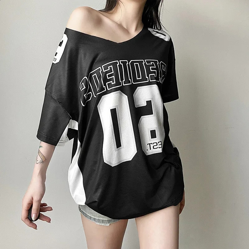 Y2k Aesthetic Summer Letter Printing T-shirts Harajuku Patchwork Loose Oversize Tops Women Harajuku Skew Collar Casual Tees 250109