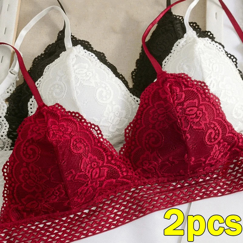 Lace triangular er bra womens embroidered hollow underwear sexy floral deep V seamless push up 250122