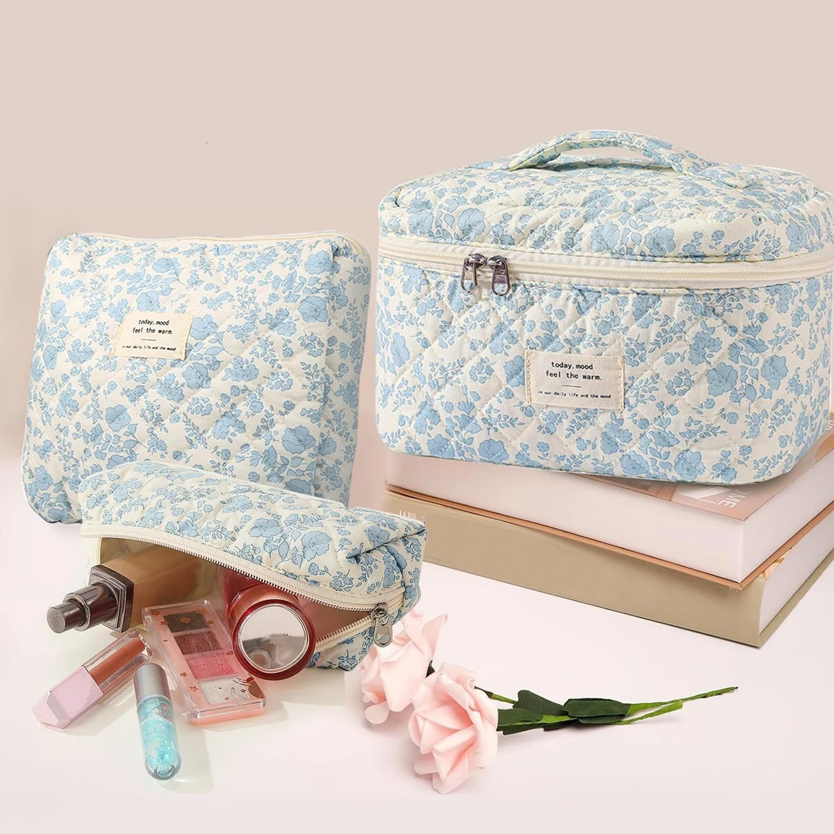 YANZAI 3 Pcs Cotton Quilted Makeup Bag Set Floral Cotton Cosmetic Bag Aesthetic Womens Large Capacity Toiletry Organizer250114