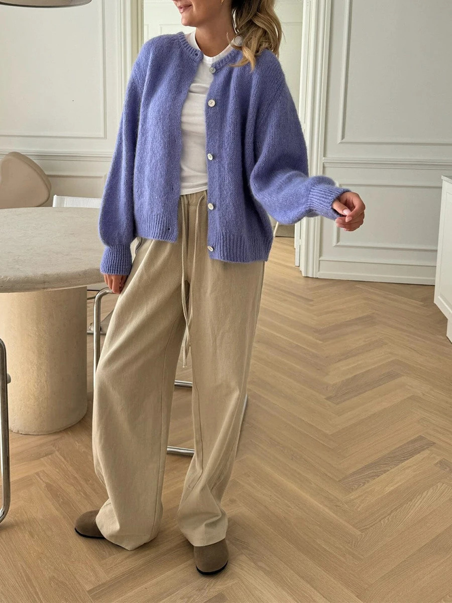 Women s Solid Color Cardigan Fuzzy Long Sleeve Button Down Sweater Soft Knit Tops Outerwear 250109Z