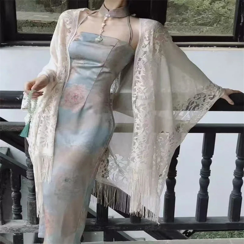 Chinese Style Lace Shawl Wraps for Women Qipao Cheongsam Evening Vintage Hollow Out Thin Cardigan Tassels Tops Officewear Party 250121