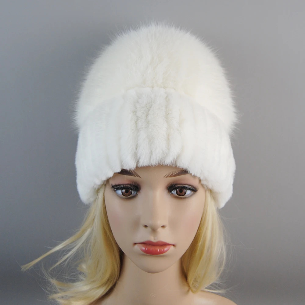 Russian Style Womens Genuine Fox Fur Hat for Girls Natural Genuine Rex Rabbit Fur Skull Hat Knitted Winter Genuine Fur Hat 250109