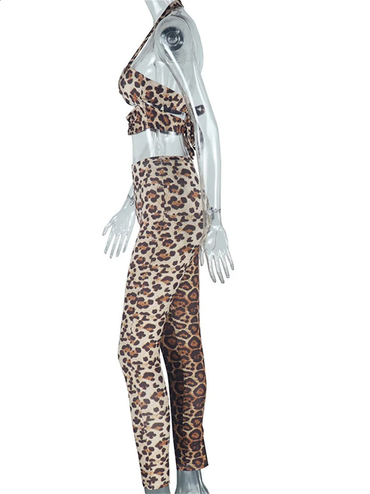 Weird Puss Leopard Print 2 Piece Set Women Halter Bandage Backless Crop TopsSkinny Peach Hip Pants Wild Trend Streetwear Suits 250122