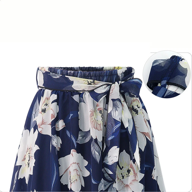 Plus Size Print Floral Skirt Women 2024 Summer Loose Elastic High Waist Chiffon Midi Skirts Lace Up Bow L5XL Swing Jupe Femme 250122