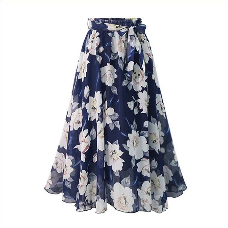 Plus Size Print Floral Skirt Women 2024 Summer Loose Elastic High Waist Chiffon Midi Skirts Lace Up Bow L5XL Swing Jupe Femme 250122