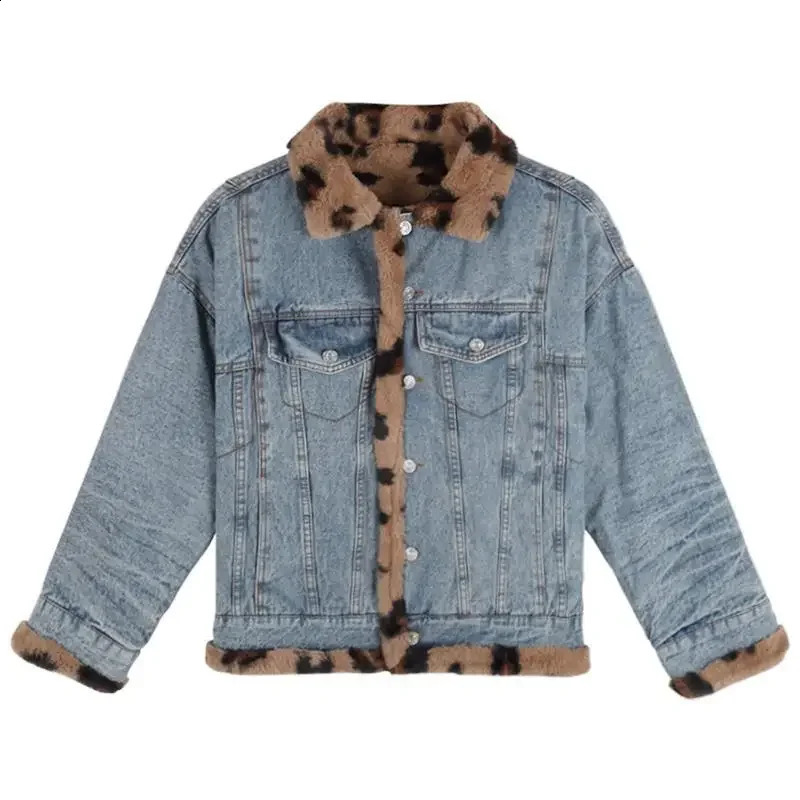 Winter Korean Style Loose Short Versatile Velvet Thick Coat for Women Trendy Cool Fashion Leopard Denim Jacket for Women 250121