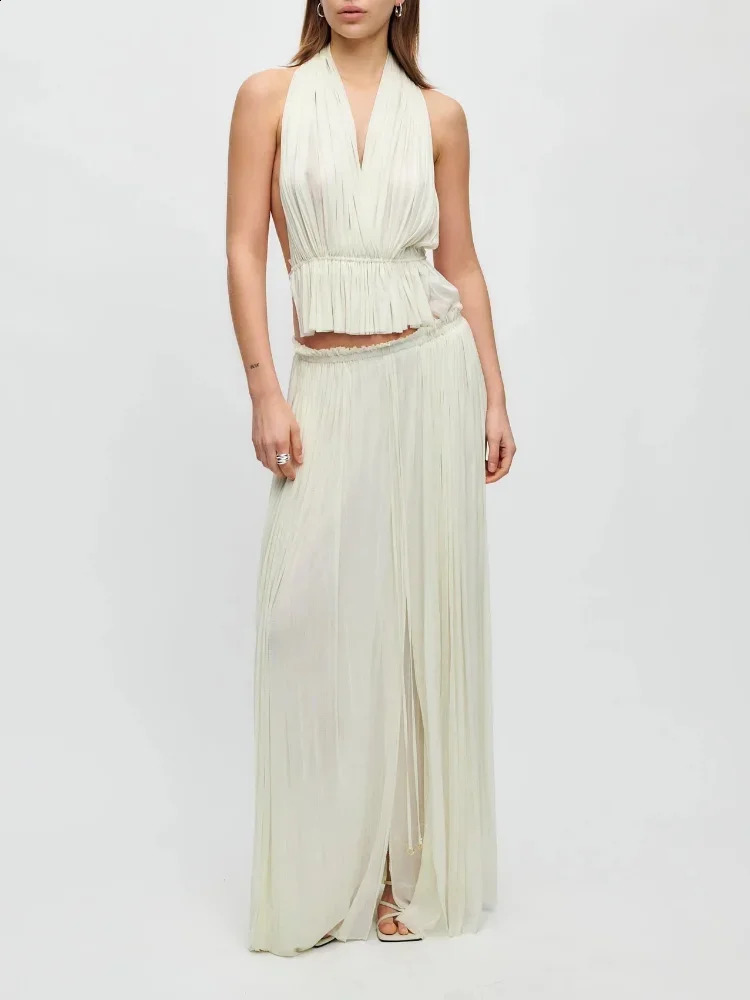 Women Sexy Gauze Backless Halter Pleated Cropped Tank Tops Suits Chic Splited Elastic Waist Long Skirts 2 Pcs Sets Lady Outfits 250120