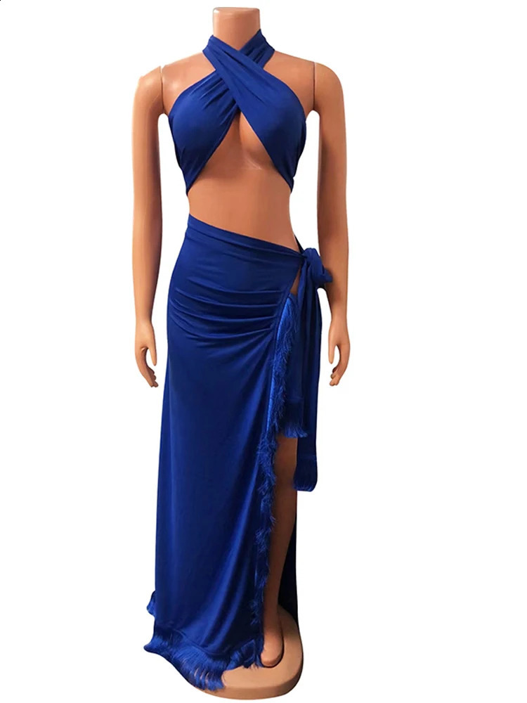 Beyprern Chic Halter Neck Crop Top And High Slit Resort Wrap Skirt Set Two-Piece Outfits Summer Fringed Swimsuits Cover-Up Set 250113