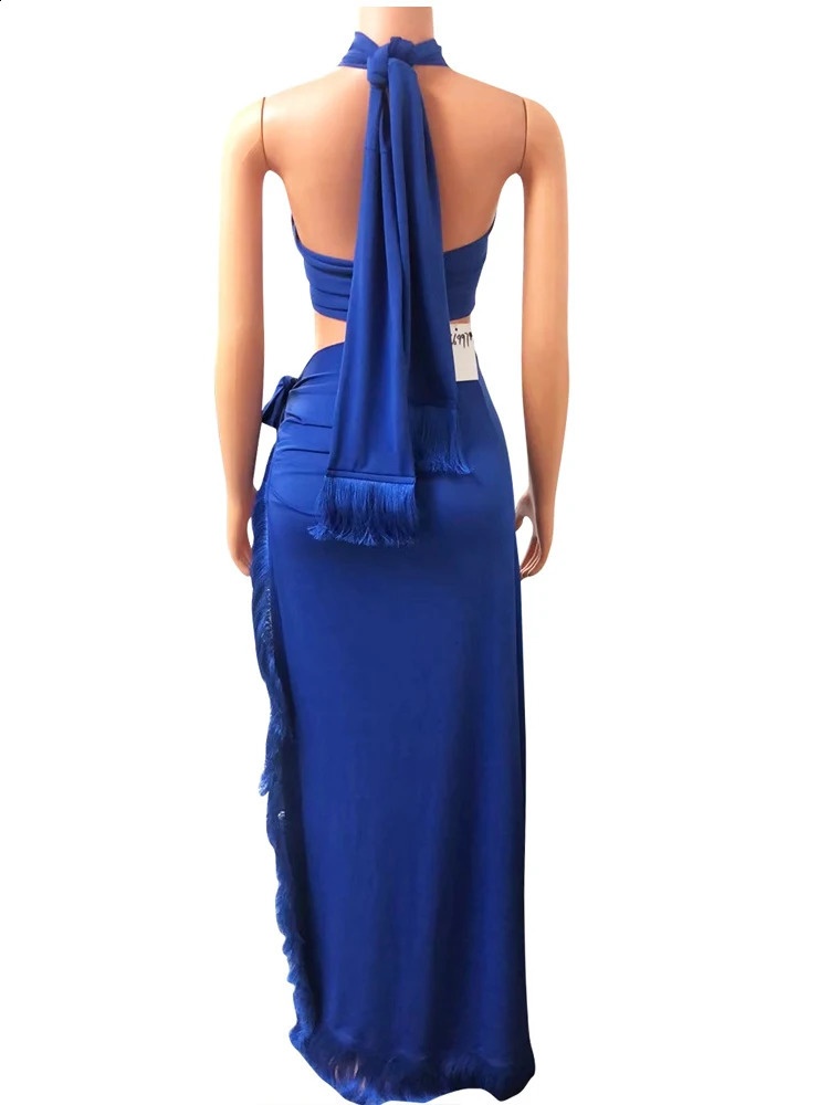 Beyprern Chic Halter Neck Crop Top And High Slit Resort Wrap Skirt Set Two-Piece Outfits Summer Fringed Swimsuits Cover-Up Set 250113
