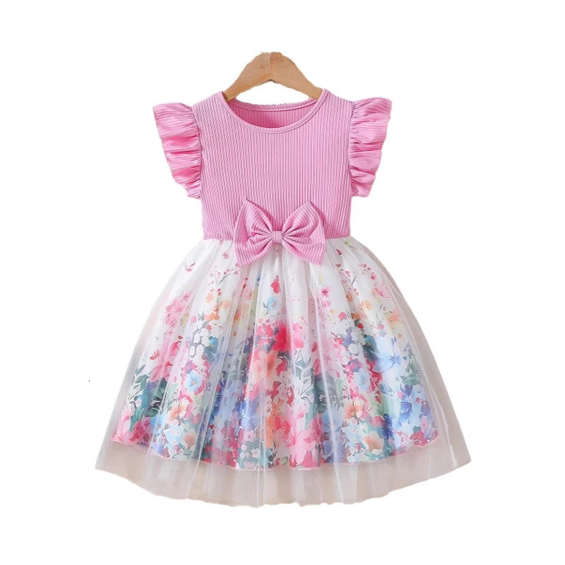 MILANCEL Girls Patchwork Mesh Floral Dress Korean Style Flying Sleeves Childrens Princess Trendy Summer Kids Clothing 250116