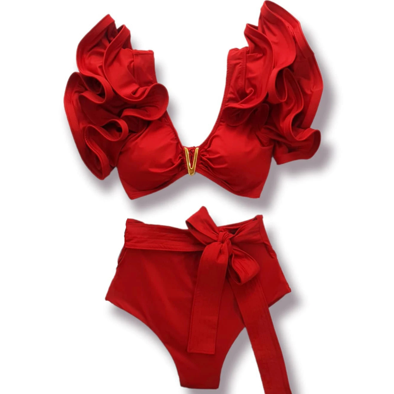 V-neck two-piece bikini set shoulder pleated swimsuit high waisted Biquini sexy swimsuit womens solid swimsuit beachwear 250118
