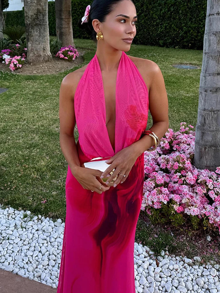 Women Halter Print Elegant Evening Party Dresses 2024 Summer Backless Bodycon Temperament Sleeveless Ladies Drape Tie Dye Dress 250121