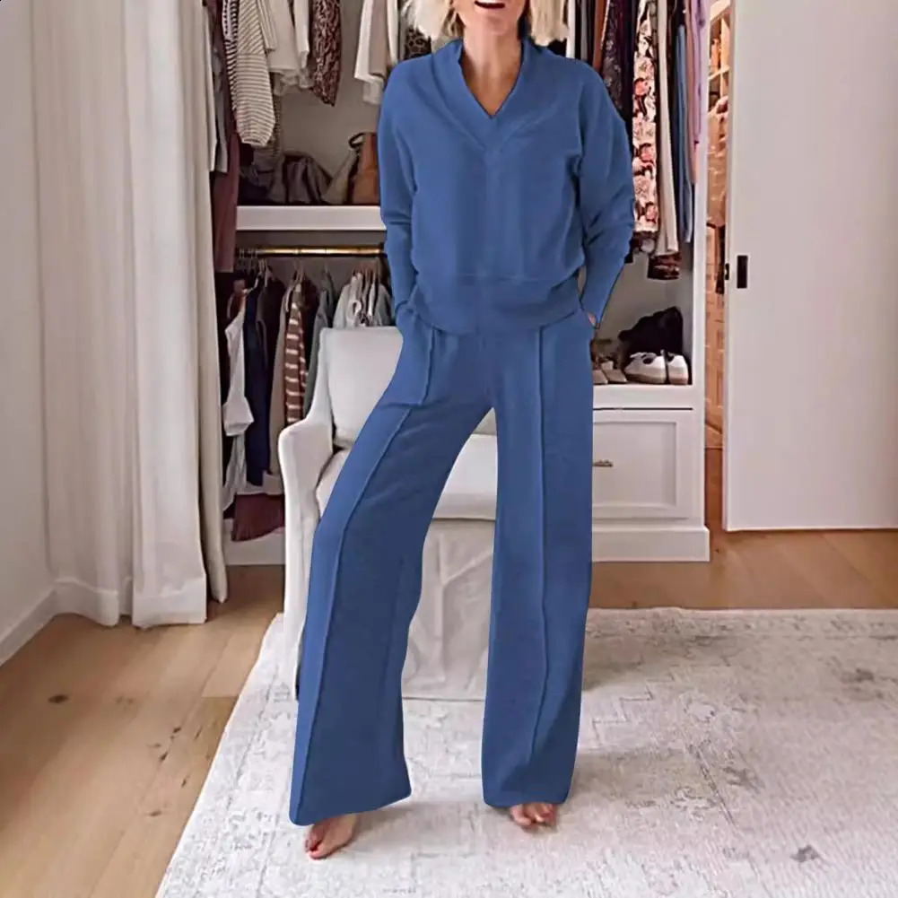 Women Top Pants Set V Neck Long Sleeves Loose Sweatshirt Elastic Waist Wide Leg Sweatpants Sport Outfit Autumn Casual Tracksuit 250118