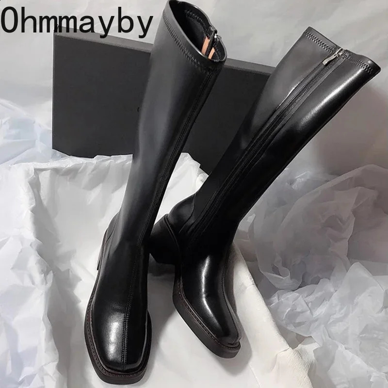 Vintage Thick Heel Women Knee High Boots Fashion Side Zippers Shoes Autumn Winter Ladies Concise Long Botas De Mujer 250118