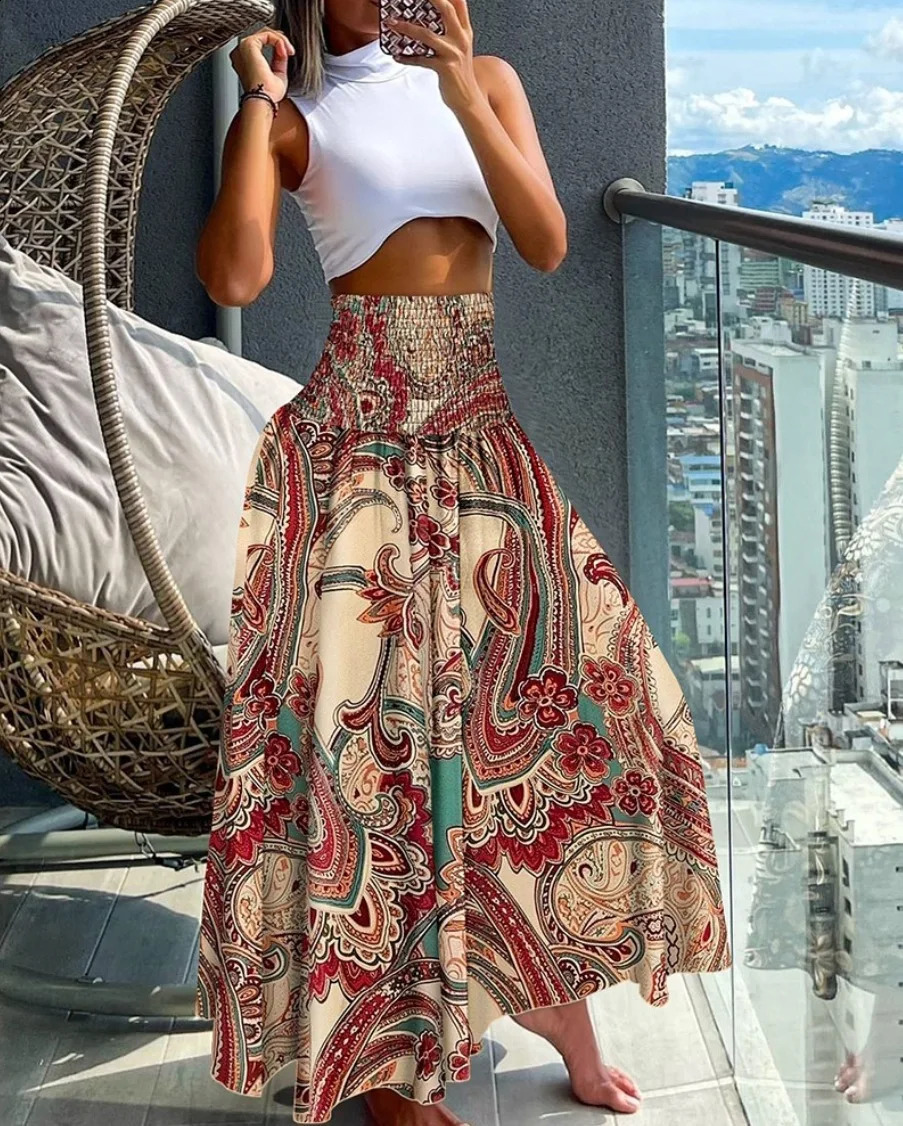 2024 Plus Size European and American Crossborder Summer Fashion Print High Waist Slim Skirt 250122