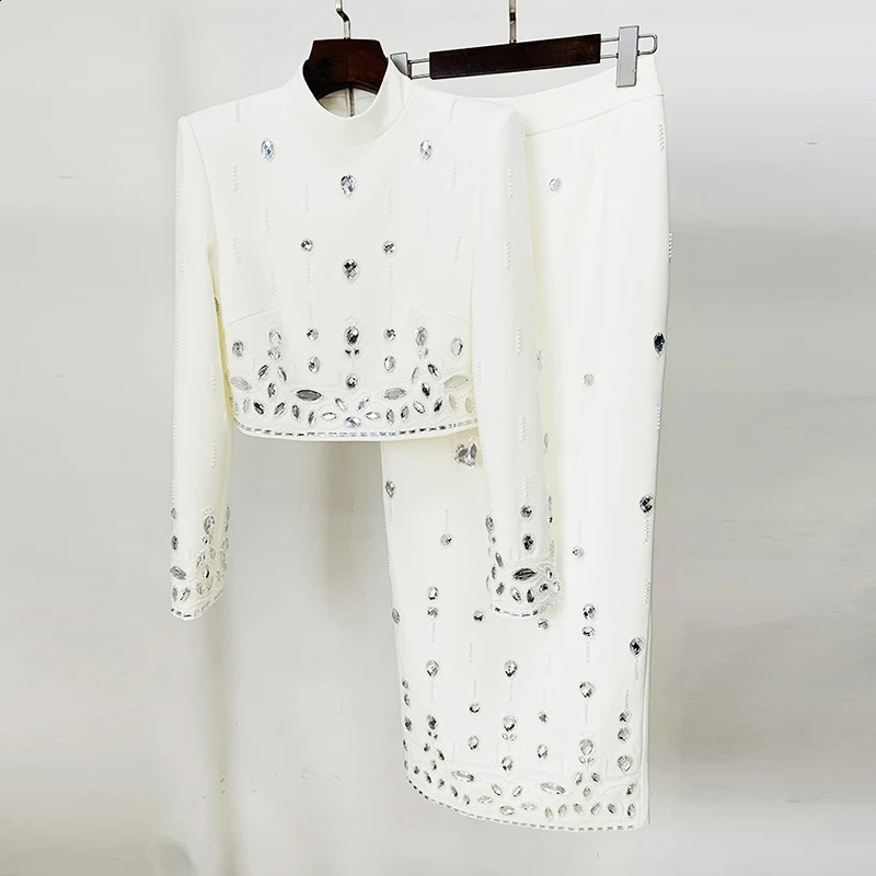 HIGH STREET est Runway Suit Set Womens Stand Collar Zip Back Cropped Tops Long Skirt Set 2pcs 250122