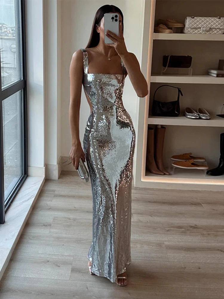 Sexy Sling Backless Silvery Maxi Dress For Women 2024 Fashion High Waist Bodycon Sleeveless Robes Female Evening Party Vestidos 250121