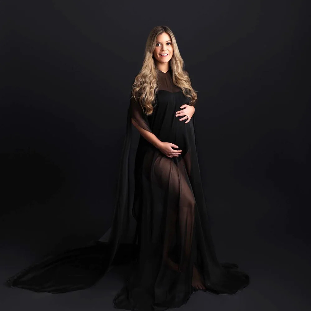 Maternity Pography Props Translucent Black Chiffon Cloak Pregnancy Dresses Poshoot Simple Cape Dress For Pregnant Women 250116