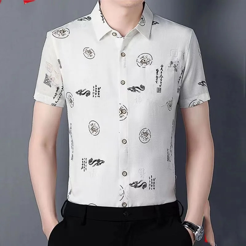 Summer Printed Mens Square Neck Ice Silk Fabric Fashion Versatile Short Sleeve Loose Single Row Multi Button Shirt Top 250110