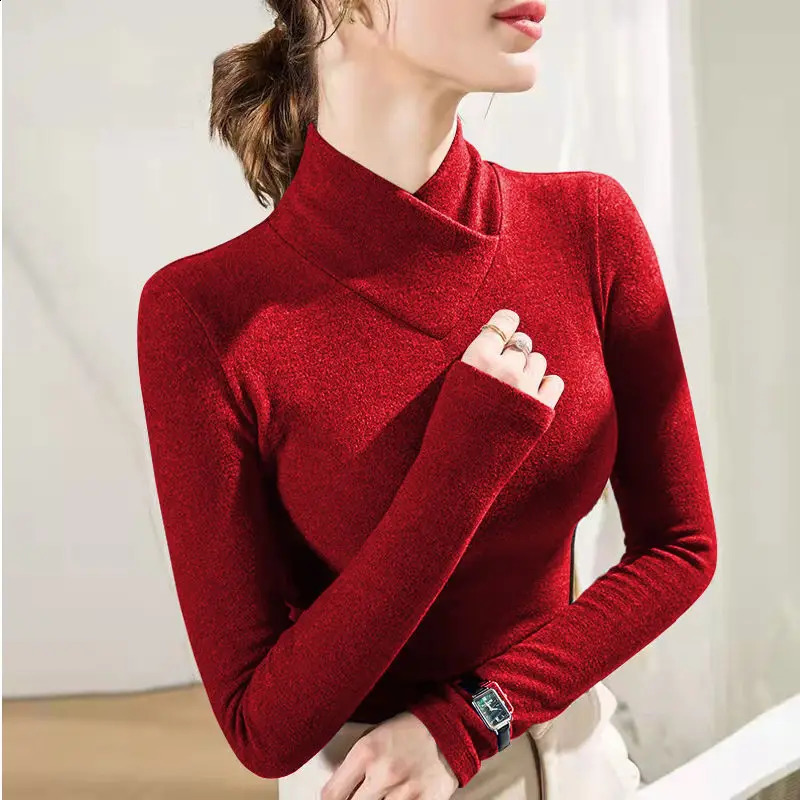 De Rong Half High Collar Underlay Top AutumnWinter Overlay Thick Warm Long Sleeve Tshirt for Women 250114