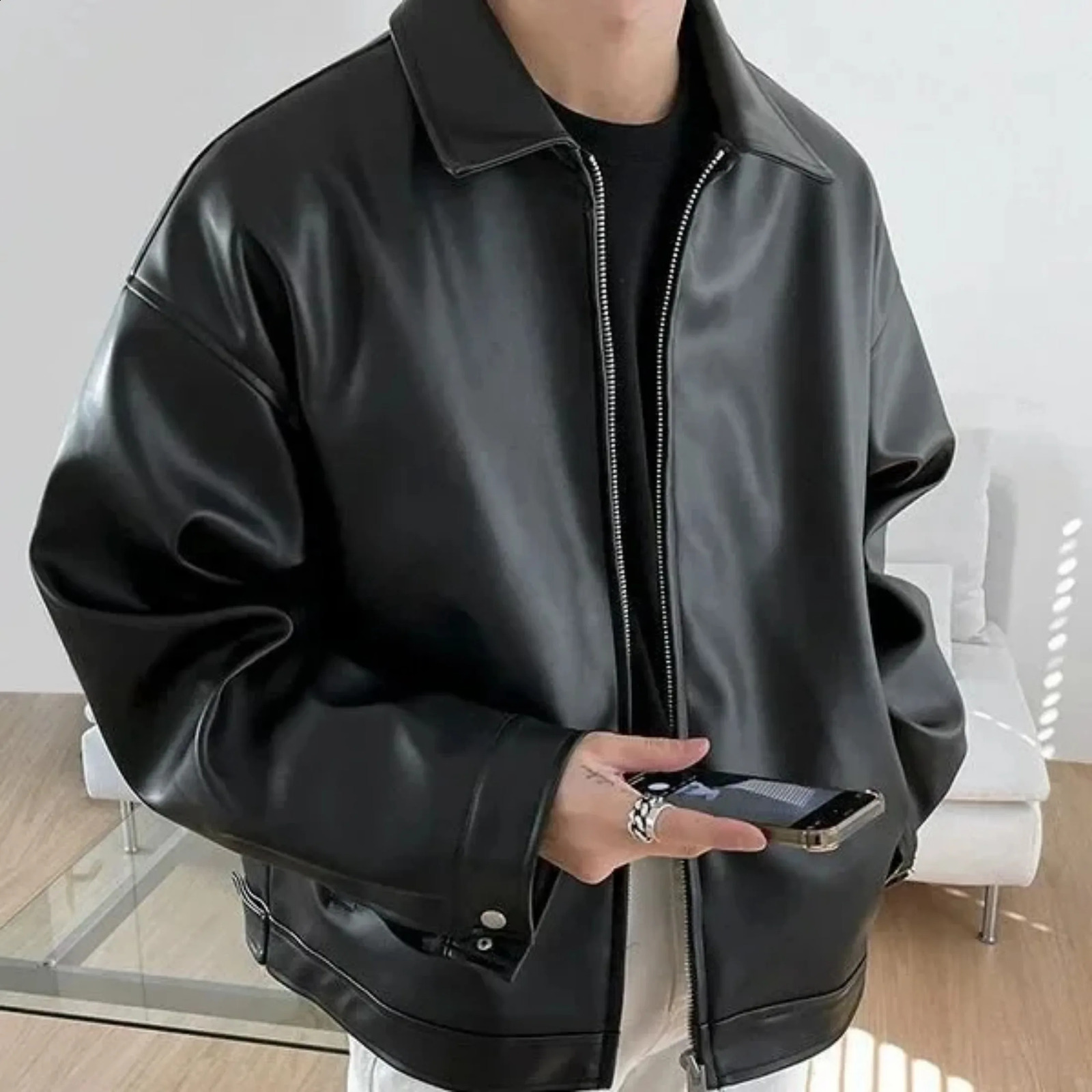 Trendy Mens Leather Jacket Korean Style Pu Leather Spring Casual Motorcycle Jacket Trendy Baseball Uniform 250120