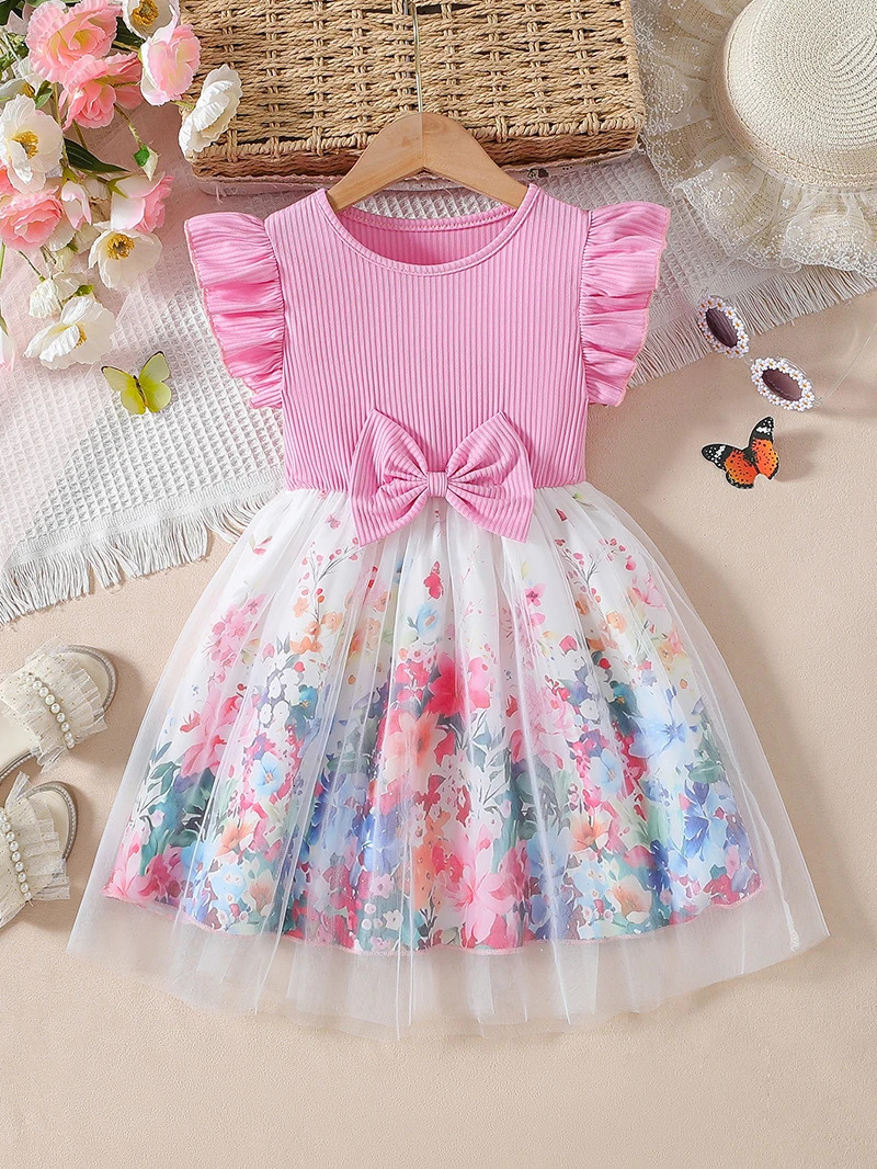 MILANCEL Girls Patchwork Mesh Floral Dress Korean Style Flying Sleeves Childrens Princess Trendy Summer Kids Clothing 250116