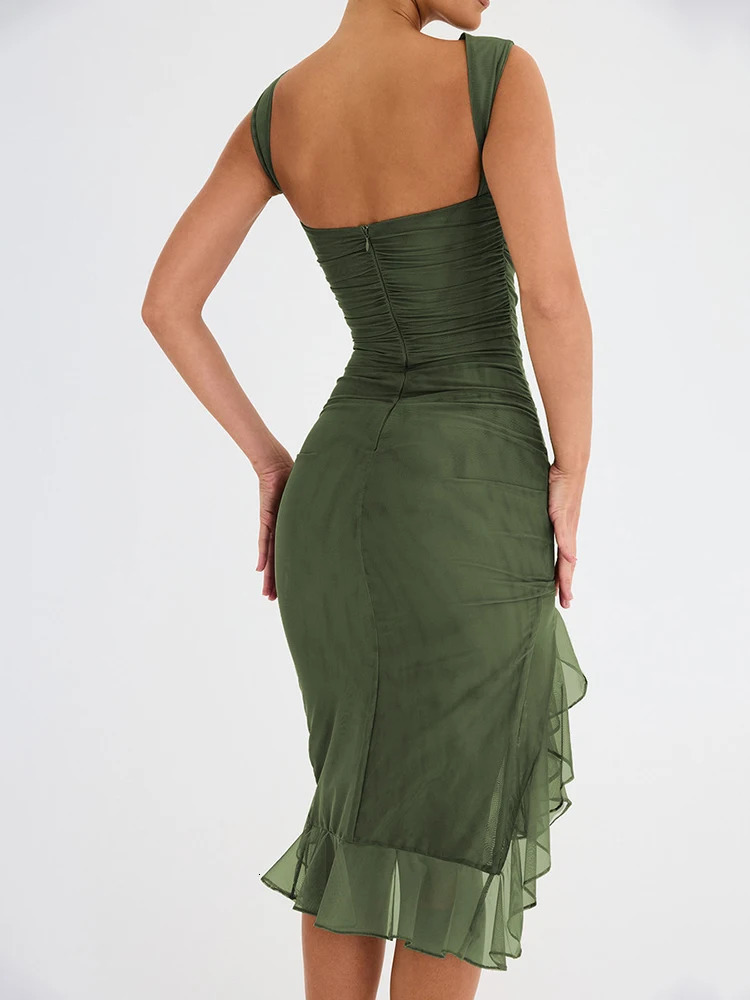 Mozision Elegant Ruffle Ruched Midi Dress For Women Dress Summer Backless Sleeveless Irregular Club Party Sexy Dress 250122