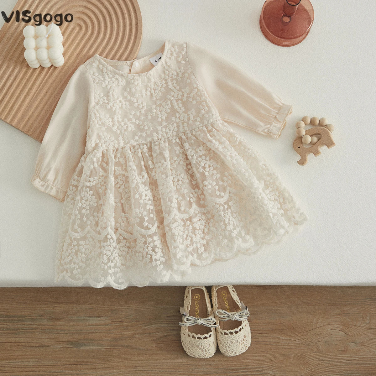 VISgogo Baby Girls Tutu Romper Dress Long Sleeve Round Neck Patchwork High Waist Lace Floral Party Princess Dress 250120