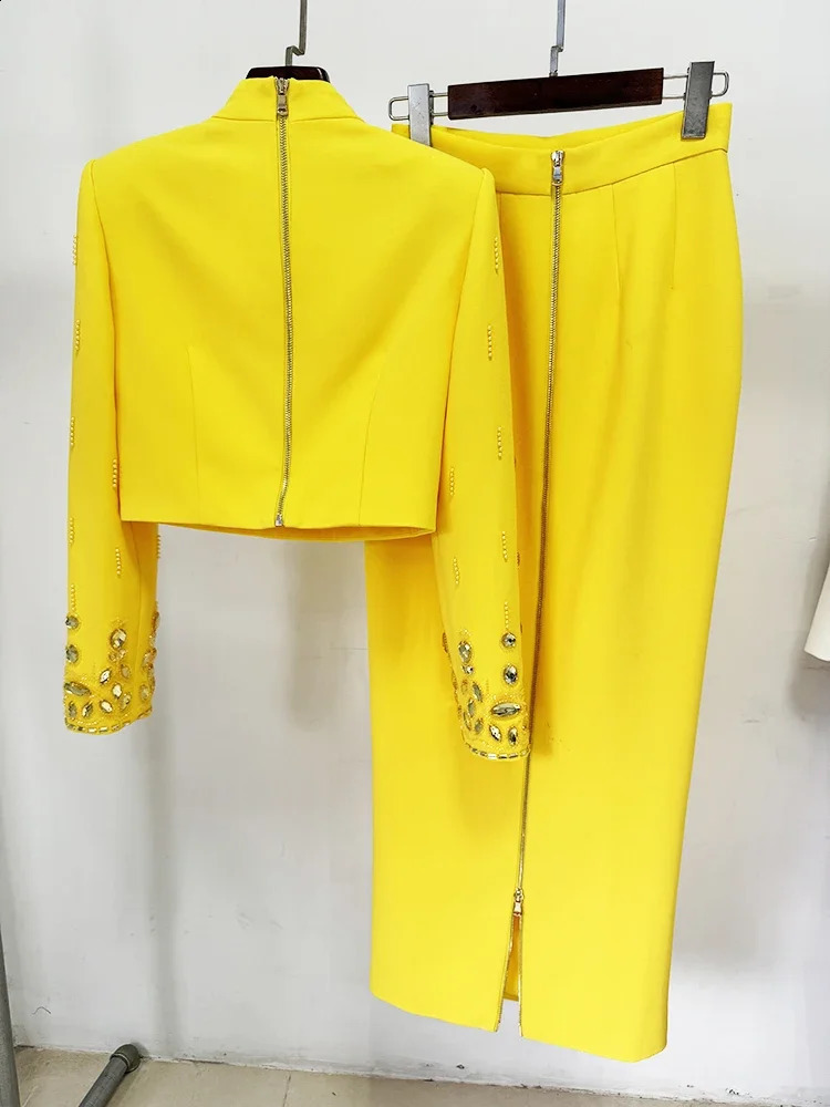 HIGH STREET est Runway Suit Set Womens Stand Collar Zip Back Cropped Tops Long Skirt Set 2pcs 250122