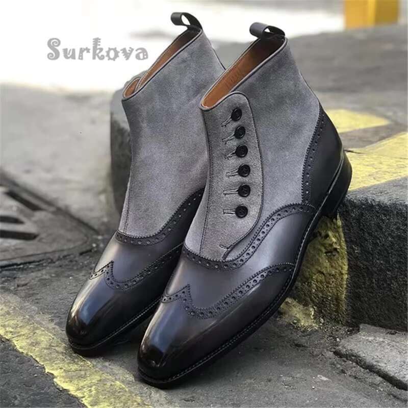 Flat Wedges Pu Leather Ankle Fashion Pointed Toe Button Metal Decoration Suede Casual Men's Shoes Large Size Short Boots