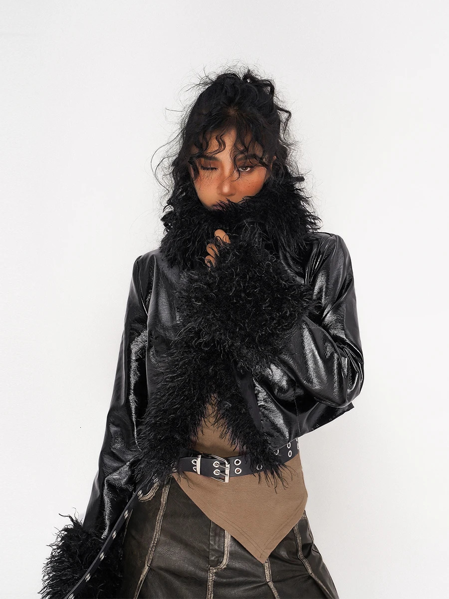 Autumn and winter womens Gothic decal artificial leather cut jacket Harajuku Grunge Y2k streetwear er coat badge trend 250118