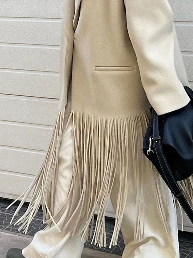 Elegant Tassel Hem Long Coat Women Patchwork Full Sleeve Turndown Collar Female Overcoat 2025 Fashion High Street Lady Outwear 250115