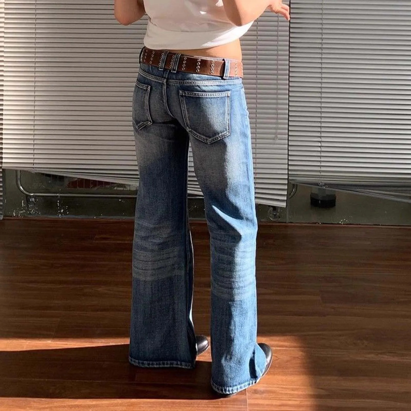 Vintage Women Distressed Flare Jeans Y2k Low Rise Boot Cut Denim Pants Retro Streetwear Wide Leg Blue Trousers 250118