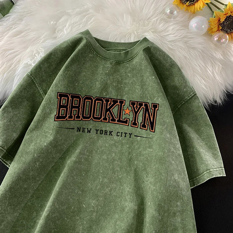 Brooklyn York City Tshirt Men Black and Orange Letter Shirt Cotton Retro Washed Short Sleeve Gym Sports Tshirts Tiki 250122