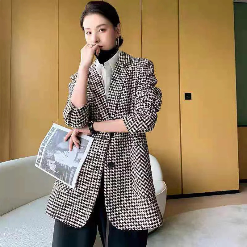 Korean Vintage Coat Woolen Plaid Houndstooth Blazer Elegant Spring Autumn Office Lady Belt Oversize Chic Jacket Outerwear 250113