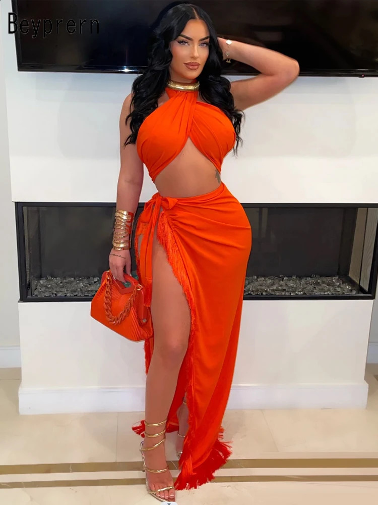 Beyprern Chic Halter Neck Crop Top And High Slit Resort Wrap Skirt Set Two-Piece Outfits Summer Fringed Swimsuits Cover-Up Set 250113