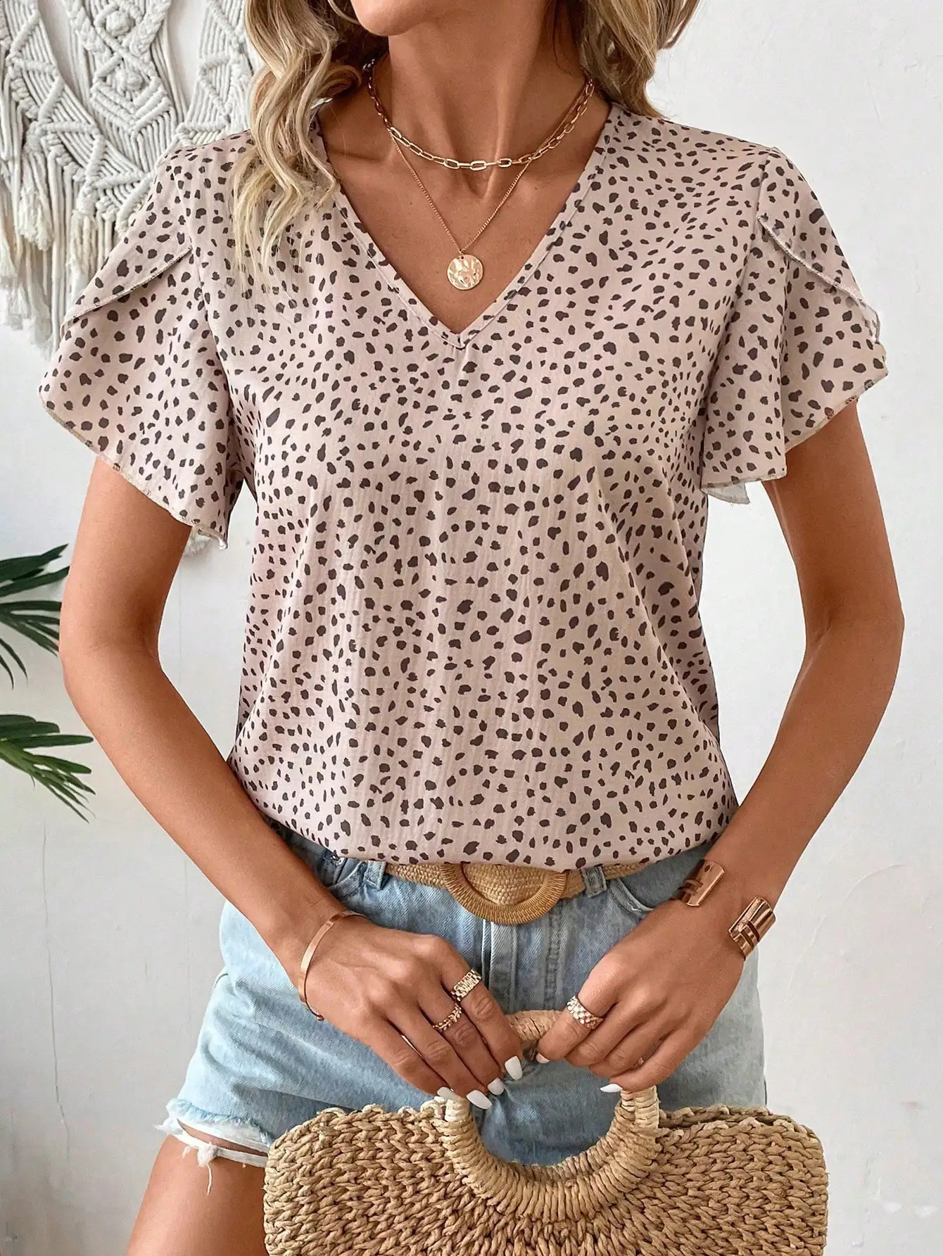 Elegant casual womens shirt small Vneck short sleeves pearl woven 250122