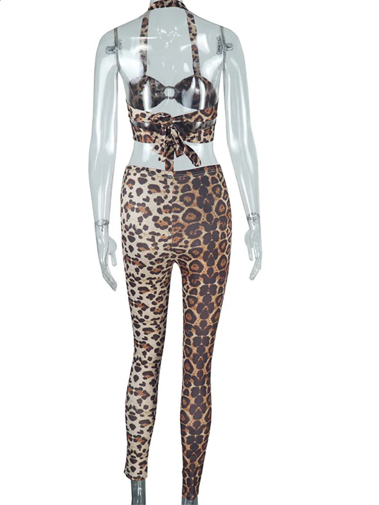 Weird Puss Leopard Print 2 Piece Set Women Halter Bandage Backless Crop TopsSkinny Peach Hip Pants Wild Trend Streetwear Suits 250122