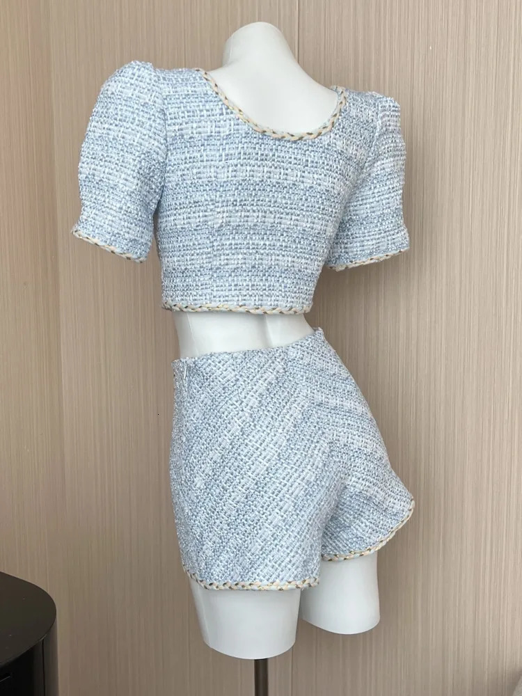 Elegant and chic retro coarse woolen suit womens dress with puff sleeves double chest cut topasymmetrical mini skirt twopiece set 250122