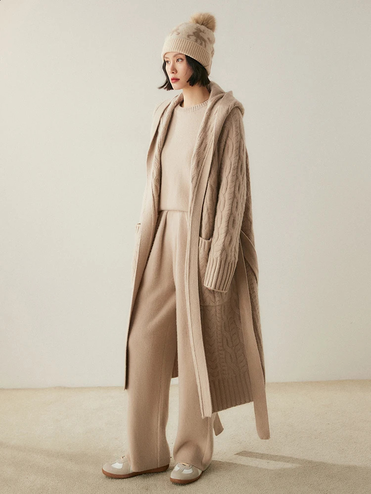 Womens 100% Cashmere Sweater Long Cable Knitting Cardigan Thick Hoodie Casual Style Cashmere Knitted Coat Autumn Winter 250121