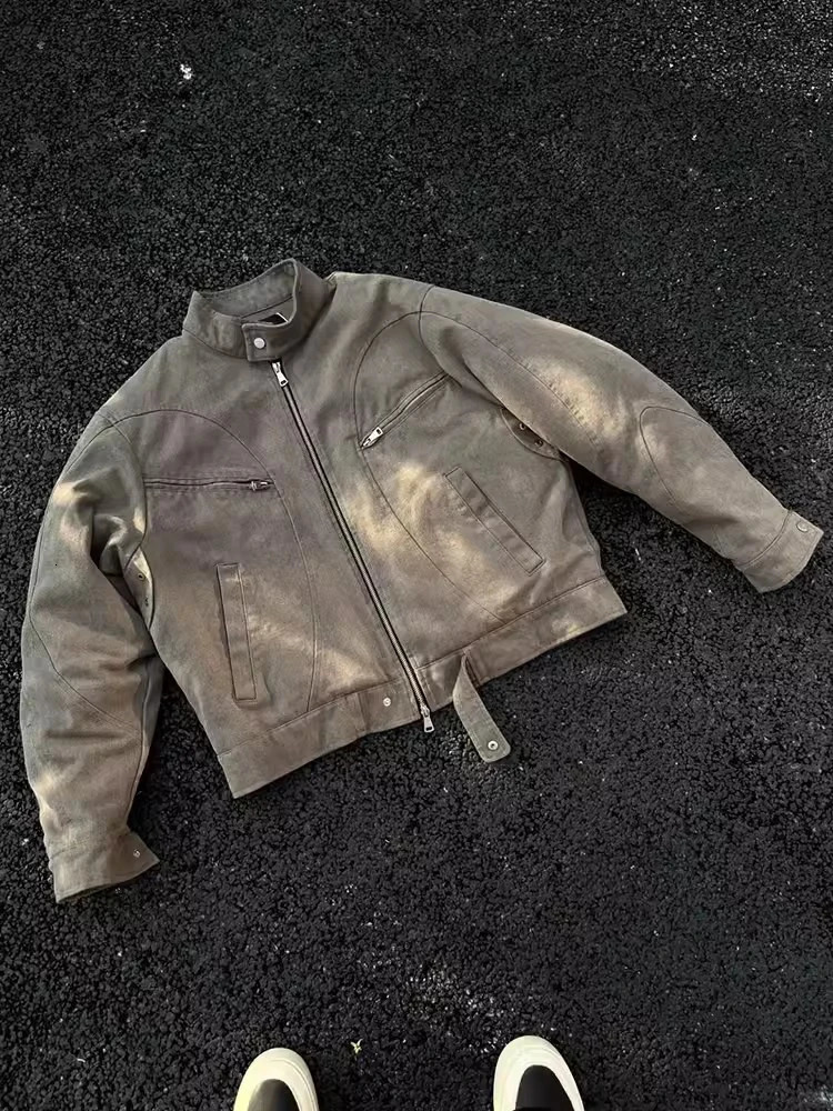 Grey washed denim jacket mens spring/summer stand up collar American retro cargo jacket mens winter 250122