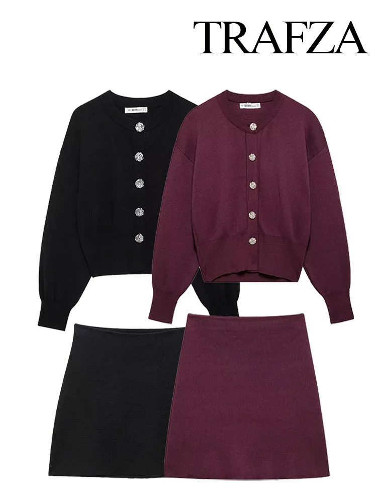 TRAFZA Womens Slim Fit 2 Piece Set Retro Black Knitted Sweater Jacket Fashion High Waist Casual Mini Skirt Streetwear 250122