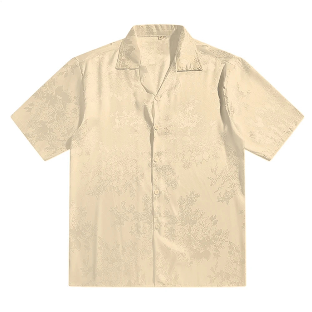 Cuba Collar Flower Jacquard Vintage Mens Shirts Satin Soft Cool Material for Men Women Unisex Clothing White Beige Black 250110
