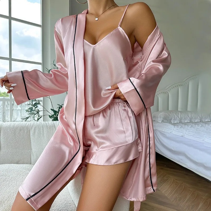 Ice silk pajamas womens camisole shorts three piece nightgown set comfortable for all seasons can be worn as outerwear 250122