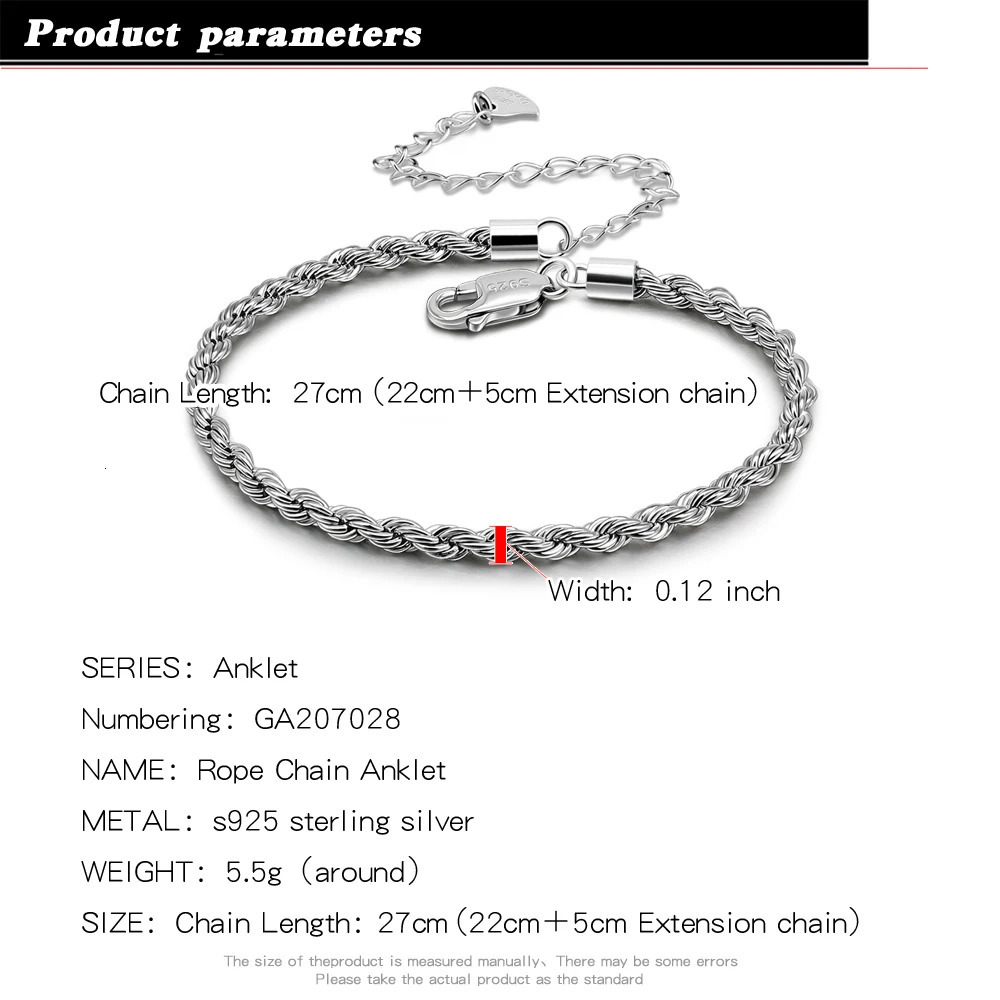 Minimum 925 sterling silver rope chain ankle bracelet for women adjustable bead chain ankle bracelet beach barefoot jewelry 250110