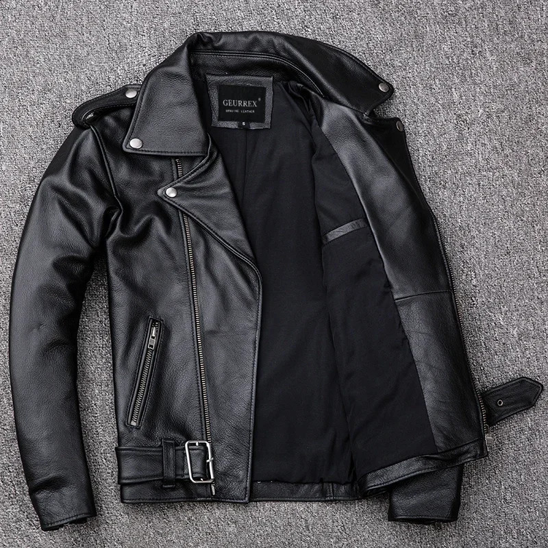 Spring Classical Motorcycle oblique zipper Jackets Men Leather Jacket Natural Calf Skin Thick Slim Cowhide Moto Jacket man 250120