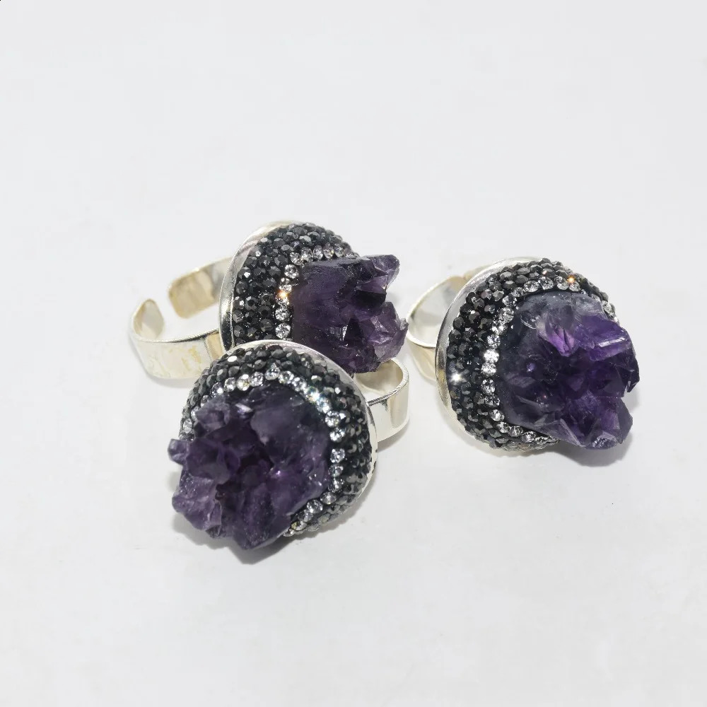Uruguay Amethyst Purple Raw crystal quartz druzy adjustable rings rhinestone paved cluster geode druzy stone rings women 250121