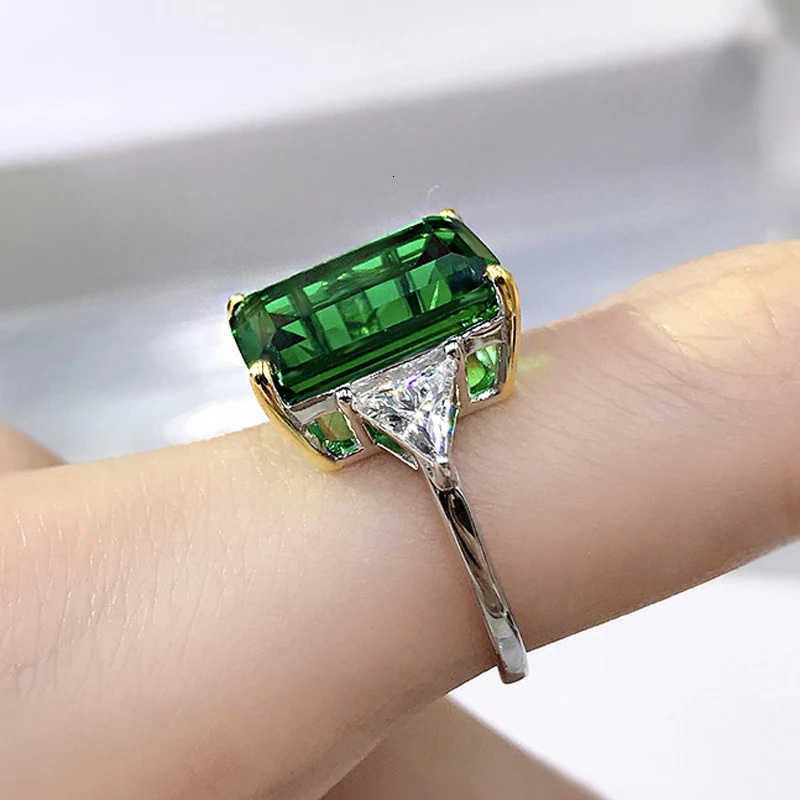 OEVAS 100% 925 Sterling Silver Sparkling 10*14mm Emerald Cut Green Wedding Ring For Women High Carbon Diamond Fine Jewelry Gifts250122