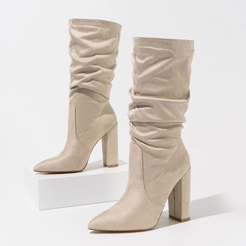 AIYUQI pointed toe womens high heel boots midtube spring female fashionable pleated women heels 250117